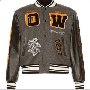 OFF-White Patch Embellished Varsity Bomber Jacket  (Medium Grey Yellow Black)